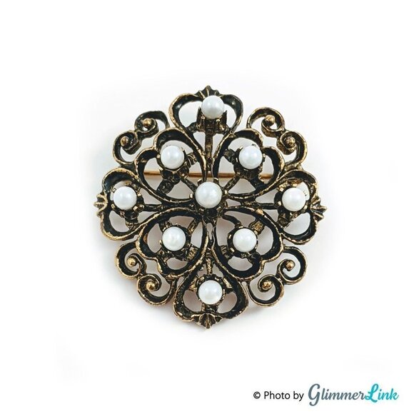 Vintage Sterling & Antiqued Gold Wash Heart Filigree Ornate Beaded Brooch - Picture 1 of 9